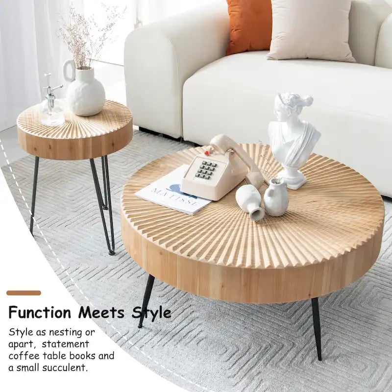 2-Piece Rustic Round Coffee Table, Solid Pine & Fir Veneer, Distressed Natural Wood Finish