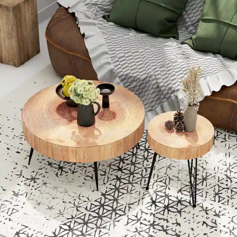 2-Piece Rustic Round Coffee Table, Solid Pine & Fir Veneer, Distressed Natural Wood Finish