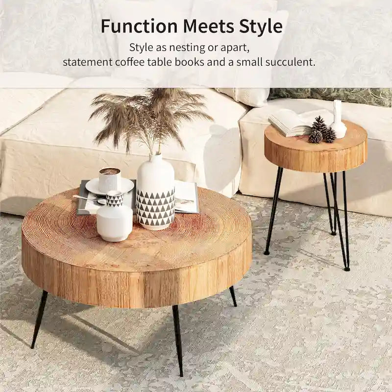 2-Piece Rustic Round Coffee Table, Solid Pine & Fir Veneer, Distressed Natural Wood Finish