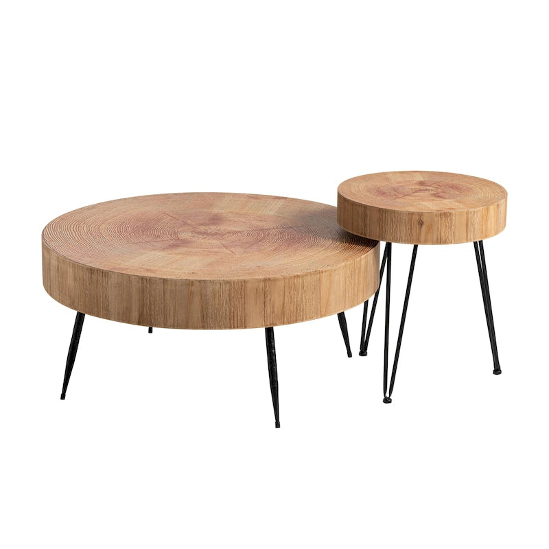 2-Piece Rustic Round Coffee Table, Solid Pine & Fir Veneer, Distressed Natural Wood Finish