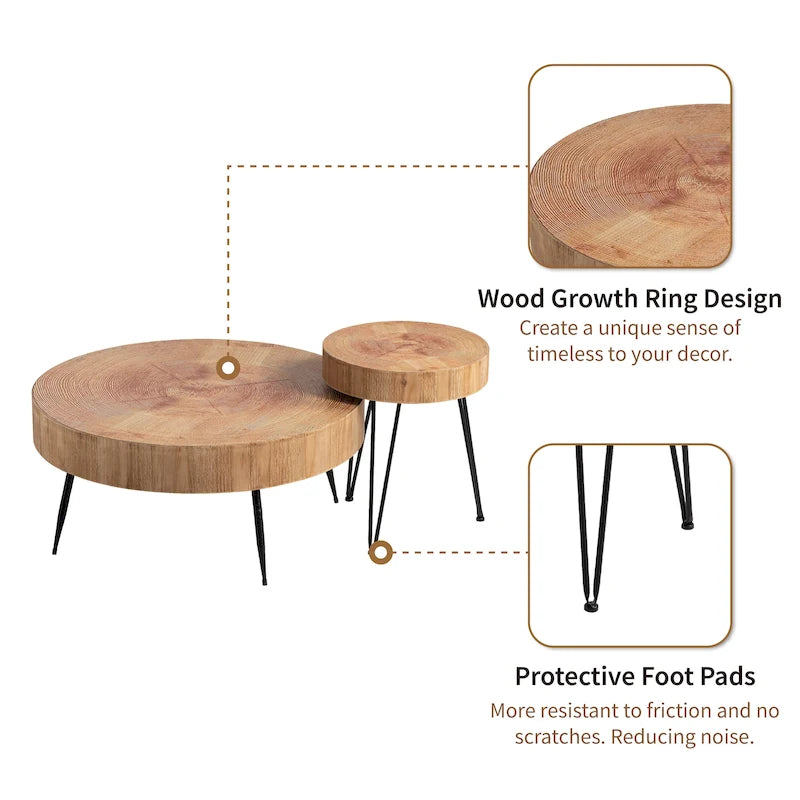 2-Piece Rustic Round Coffee Table, Solid Pine & Fir Veneer, Distressed Natural Wood Finish