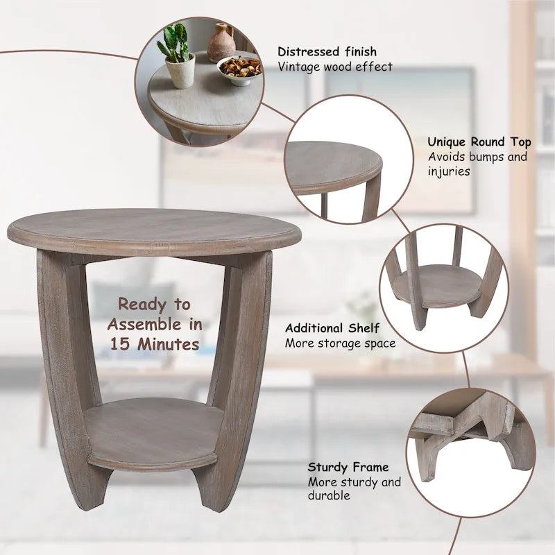 Rustic Farmhouse End Table with Open Storage Shelf, Wood Side Table for Living Room or Bedroom