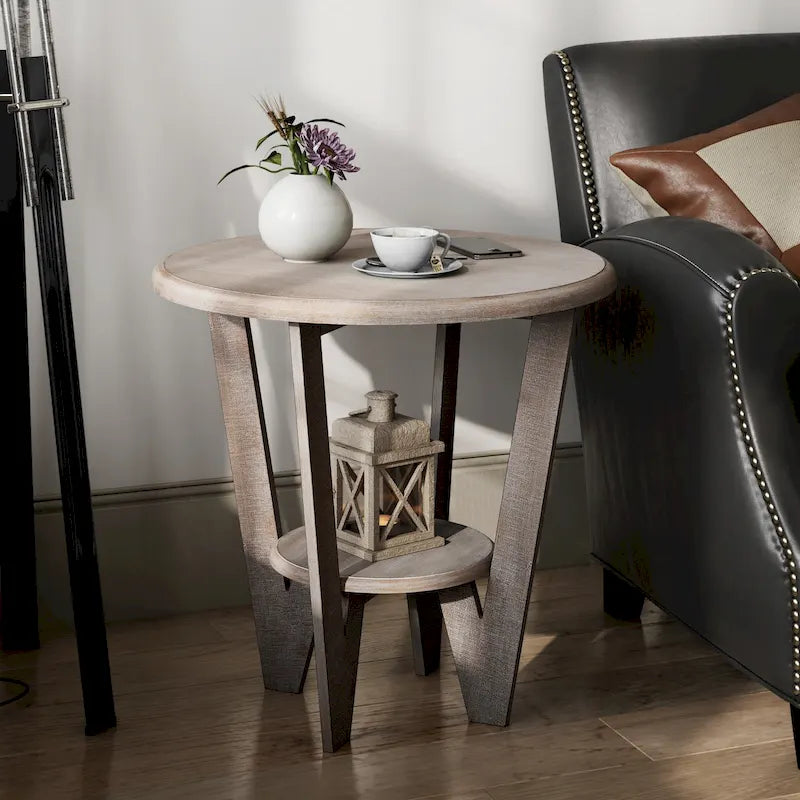 Rustic Farmhouse End Table with Open Storage Shelf, Wood Side Table for Living Room or Bedroom
