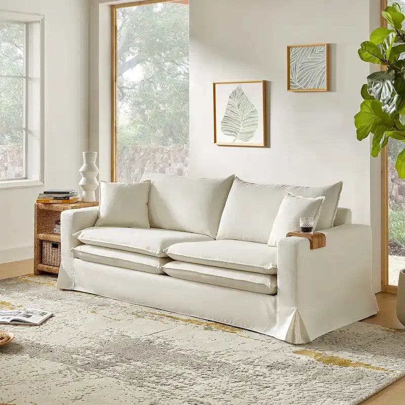 Modern Slipcovered Sofa with Cup Holder, Reversible Cushions, Stain-Resistant Fabric, 3-Seater