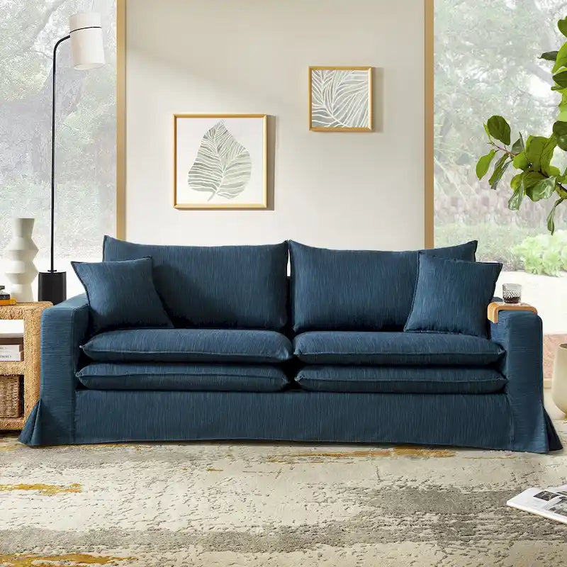 Modern Slipcovered Sofa with Cup Holder, Reversible Cushions, Stain-Resistant Fabric, 3-Seater
