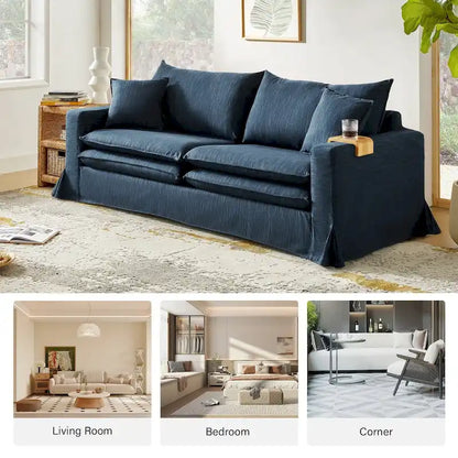 Modern Slipcovered Sofa with Cup Holder, Reversible Cushions, Stain-Resistant Fabric, 3-Seater