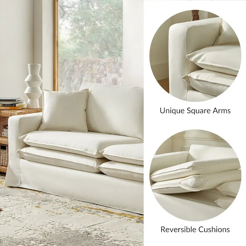 Modern Slipcovered Sofa with Cup Holder, Reversible Cushions, Stain-Resistant Fabric, 3-Seater