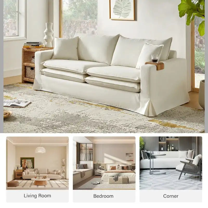 Modern Slipcovered Sofa with Cup Holder, Reversible Cushions, Stain-Resistant Fabric, 3-Seater