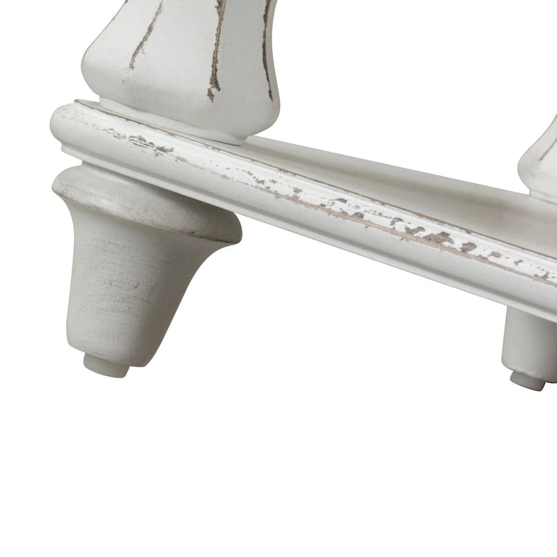 Antique White Weathered Bark Bed Bench, Upholstered, Bottom Shelf