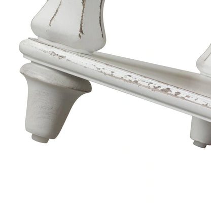 Antique White Weathered Bark Bed Bench, Upholstered, Bottom Shelf