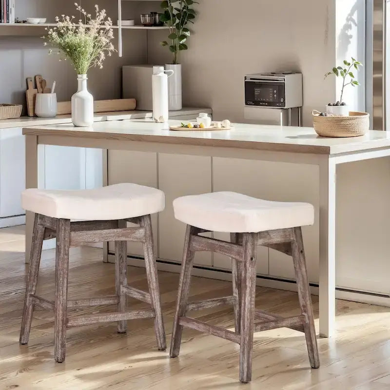 24 Inch Solid Wood Barstools with Linen / PU Leather Fabric Cushion, Set of 2