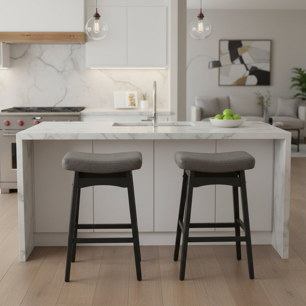 24 Inch Solid Wood Barstools with Linen / PU Leather Fabric Cushion, Set of 2