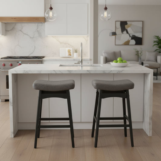 24 Inch Solid Wood Barstools with Linen / PU Leather Fabric Cushion, Set of 2