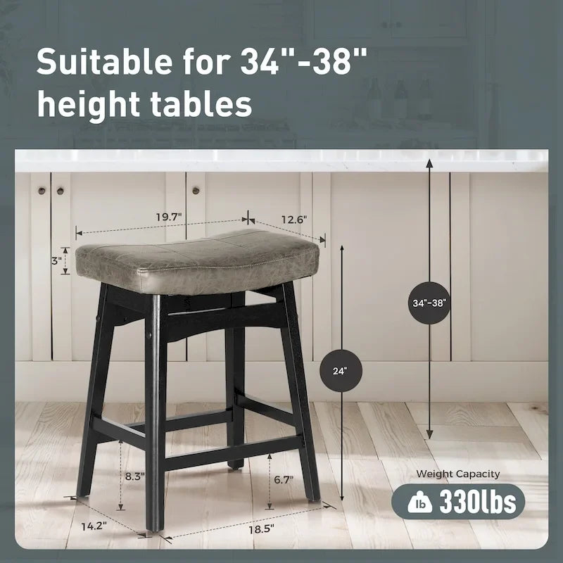 24 Inch Solid Wood Barstools with Linen / PU Leather Fabric Cushion, Set of 2