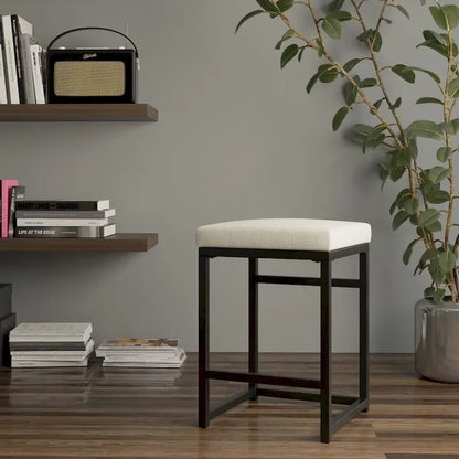 Backless Industrial Metal Counter Stool, 24in Seat Height, Textured Weave Fabric, Black Finish