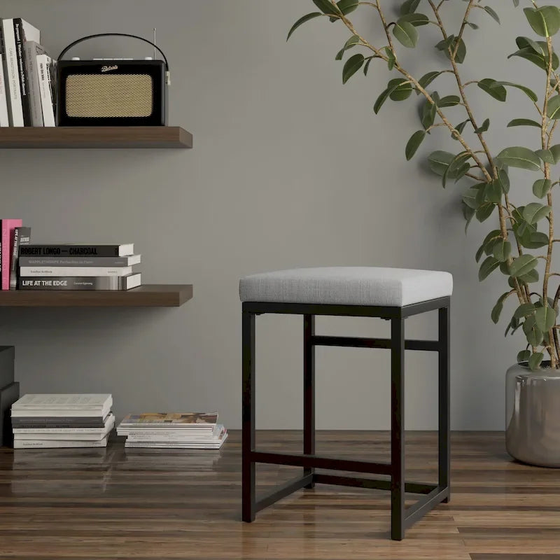 Backless Industrial Metal Counter Stool, 24in Seat Height, Textured Weave Fabric, Black Finish