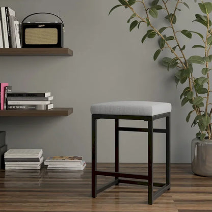 Backless Industrial Metal Counter Stool, 24in Seat Height, Textured Weave Fabric, Black Finish