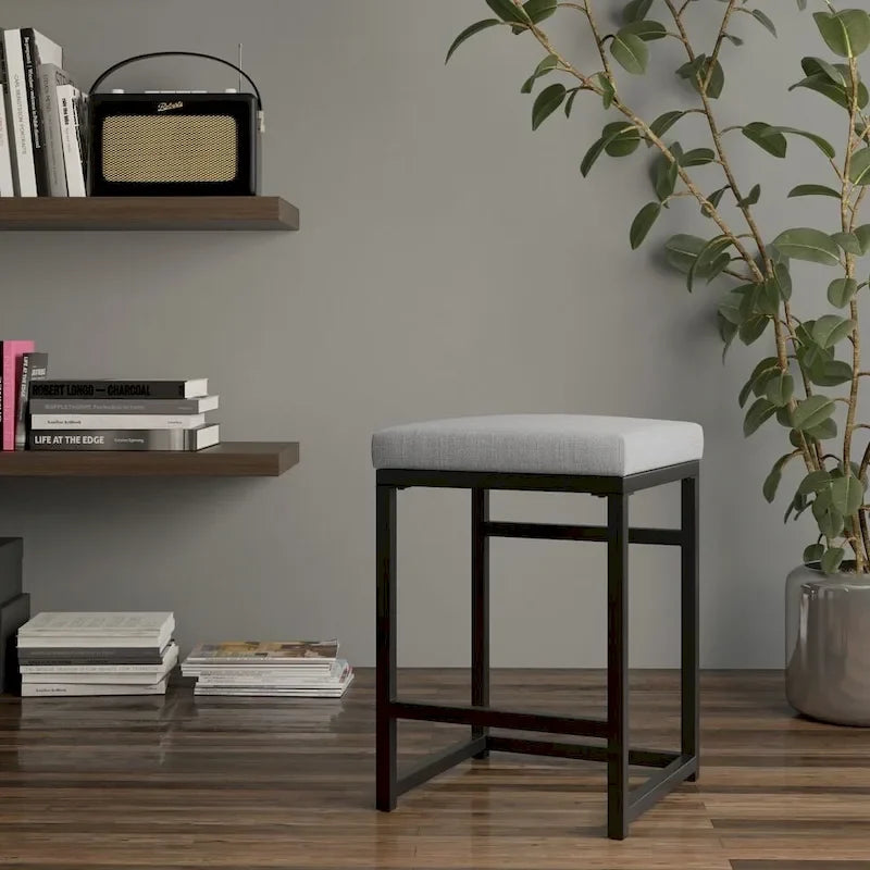 Backless Industrial Metal Counter Stool, 24in Seat Height, Textured Weave Fabric, Black Finish