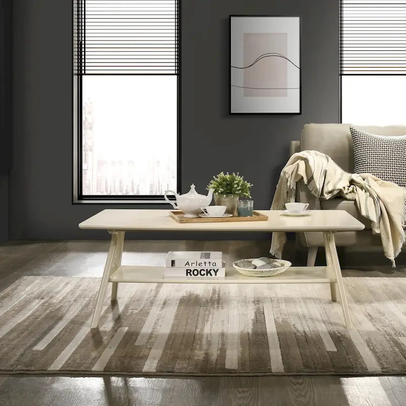 Mid-Century Modern Coffee Table with Storage Shelf, MDF & Rubberwood, 47.25W x 23.62D x 17.75H in