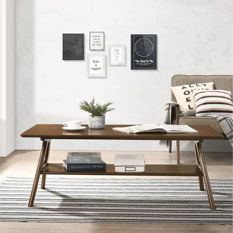 Mid-Century Modern Coffee Table with Storage Shelf, MDF & Rubberwood, 47.25W x 23.62D x 17.75H in