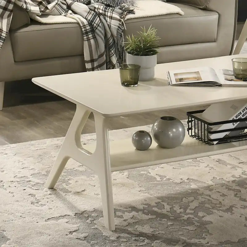 Mid-Century Modern Coffee Table with Storage Shelf, MDF & Rubberwood, 47.25W x 23.62D x 17.75H in