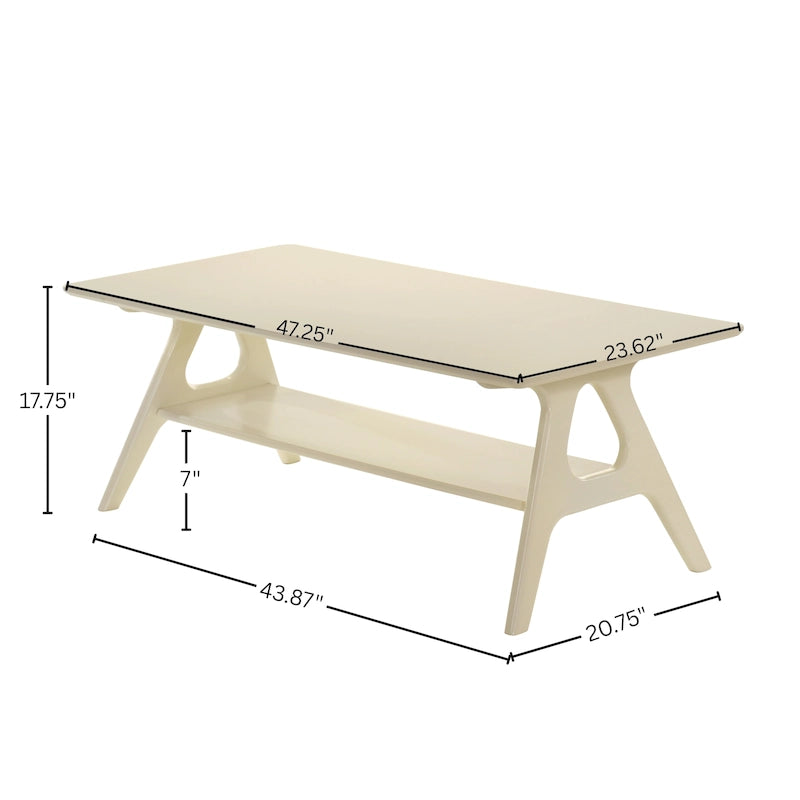 Mid-Century Modern Coffee Table with Storage Shelf, MDF & Rubberwood, 47.25W x 23.62D x 17.75H in