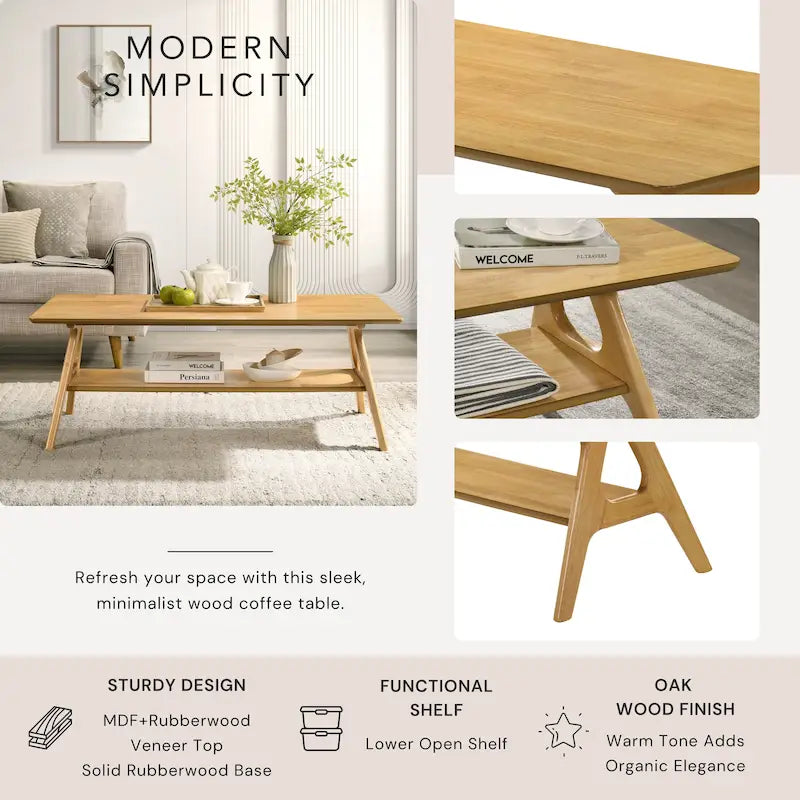 Mid-Century Modern Coffee Table with Storage Shelf, MDF & Rubberwood, 47.25W x 23.62D x 17.75H in
