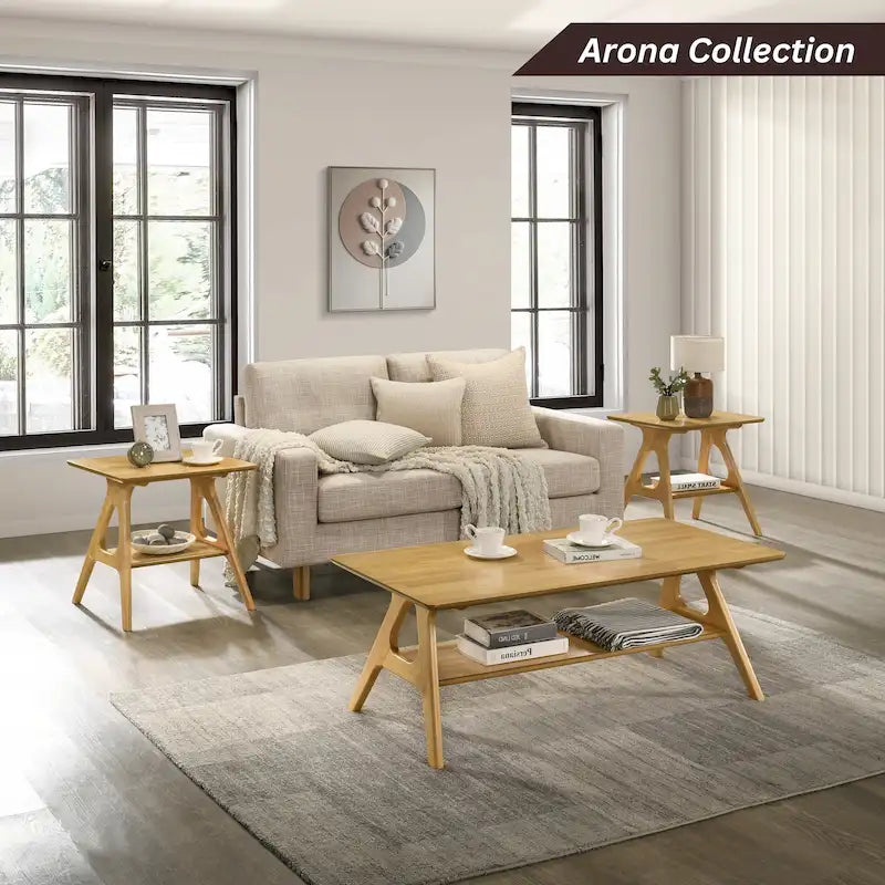 Mid-Century Modern Coffee Table with Storage Shelf, MDF & Rubberwood, 47.25W x 23.62D x 17.75H in