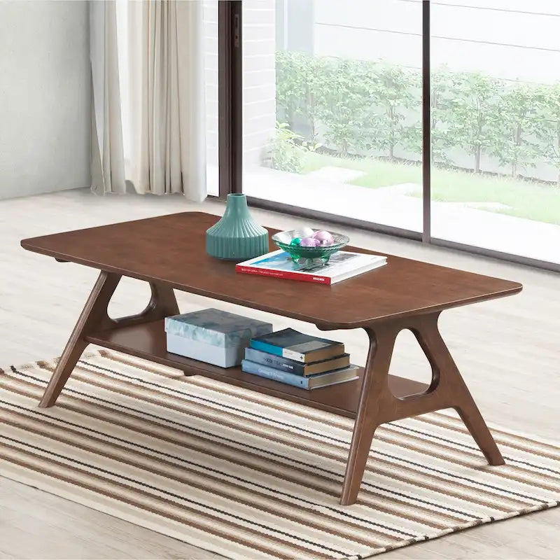 Mid-Century Modern Coffee Table with Storage Shelf, MDF & Rubberwood, 47.25W x 23.62D x 17.75H in