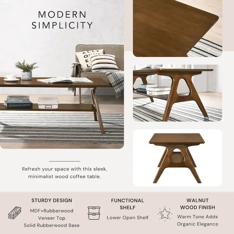 Mid-Century Modern Coffee Table with Storage Shelf, MDF & Rubberwood, 47.25W x 23.62D x 17.75H in