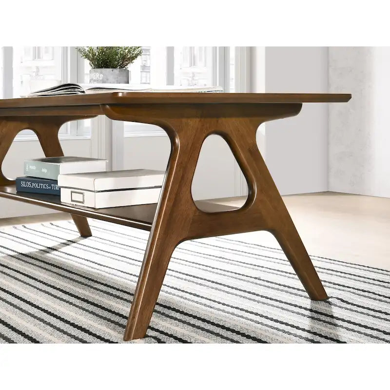 Mid-Century Modern Coffee Table with Storage Shelf, MDF & Rubberwood, 47.25W x 23.62D x 17.75H in