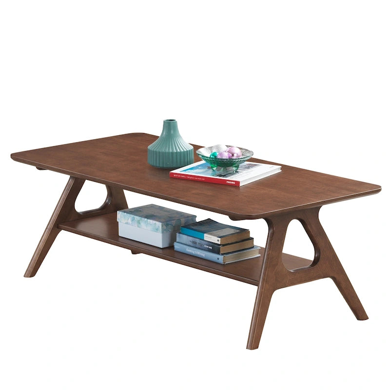Mid-Century Modern Coffee Table with Storage Shelf, MDF & Rubberwood, 47.25W x 23.62D x 17.75H in
