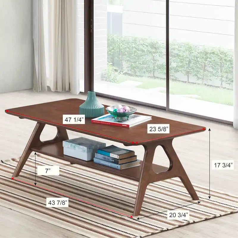 Mid-Century Modern Coffee Table with Storage Shelf, MDF & Rubberwood, 47.25W x 23.62D x 17.75H in
