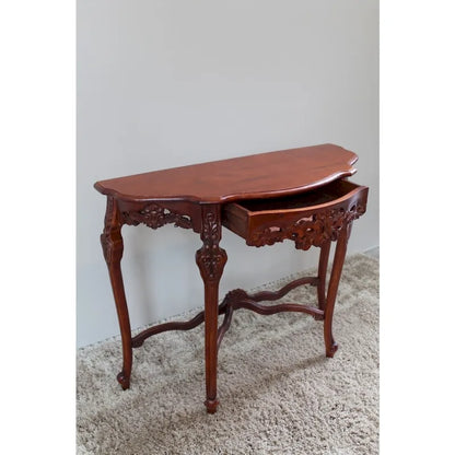 Carved Half-Moon Console Table, Hardwood Distressed Dual Walnut Stain, 1 Sliding Drawer, 30H x 32W in
