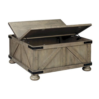 Grey Farmhouse Coffee Table with Dual-Lid Storage, Solid Pine Wood