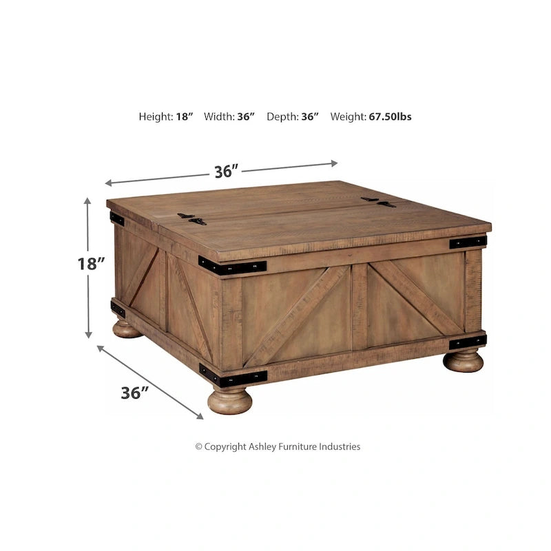 Grey Farmhouse Coffee Table with Dual-Lid Storage, Solid Pine Wood