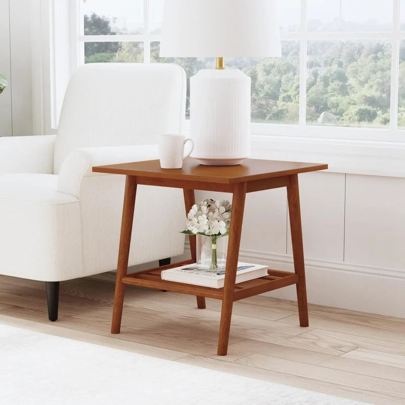 Mid-Century Modern Side End Table with Solid Wood Legs, Round Top, Living Room or Bedroom