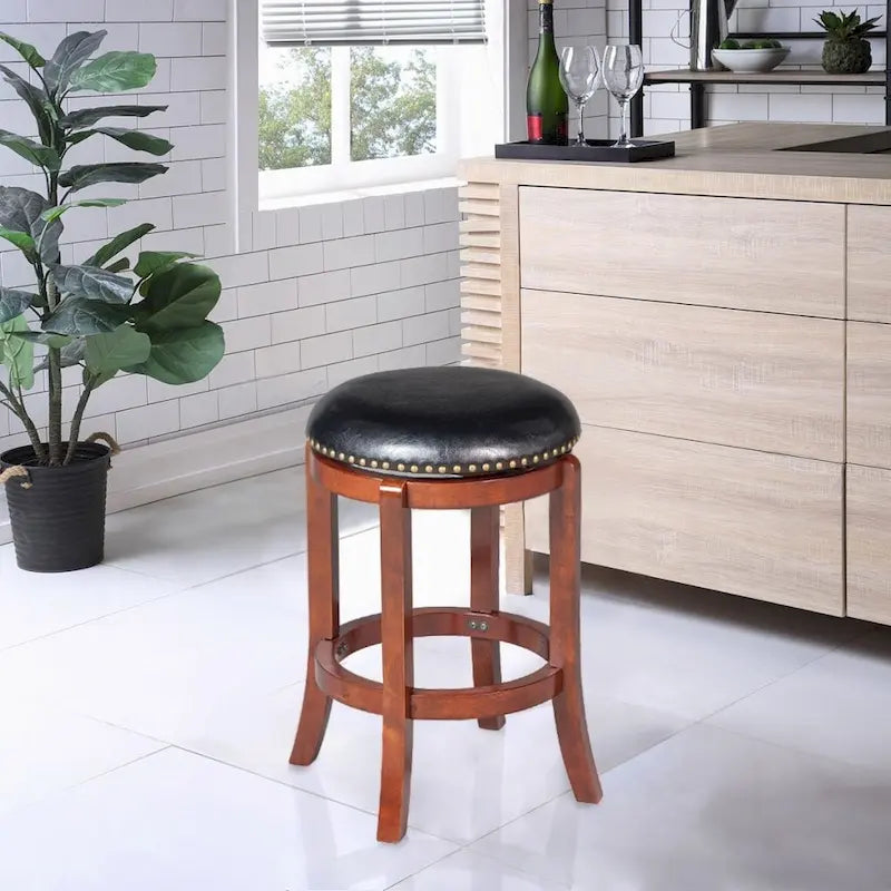 Black Swivel Counter Height Bar Stool, Faux Leather, Nailhead Trim