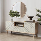 Living Skog Alba Beige TV Stand Console with Drawer Fits TV's up to 65 in. with Wood Legs Mid Century Modern Design