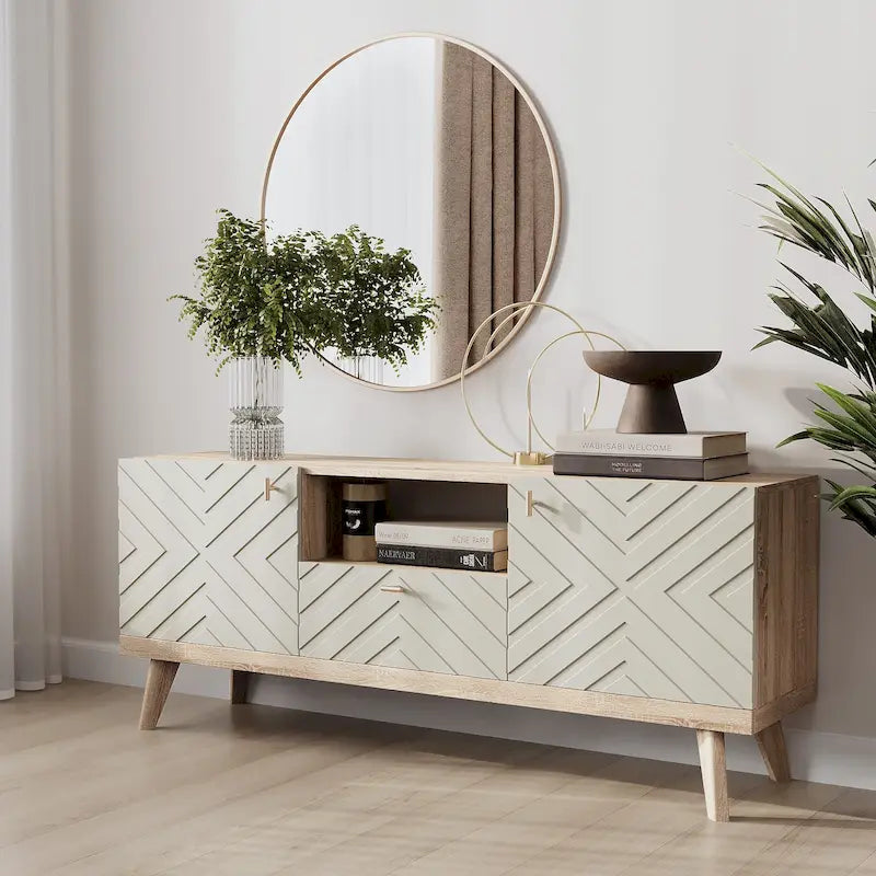 Mid-Century Modern TV Stand Console with Drawer, Beige, Fits TVs up to 65 in, Wood Legs