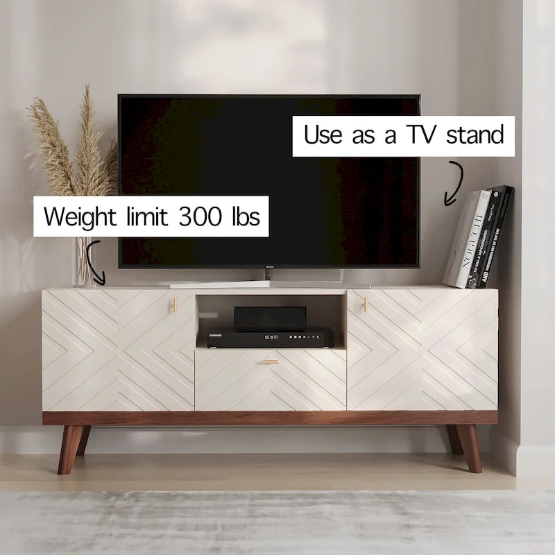Mid-Century Modern TV Stand Console with Drawer, Beige, Fits TVs up to 65 in, Wood Legs