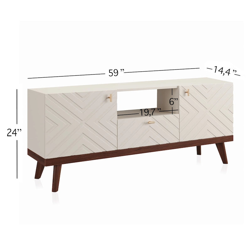 Mid-Century Modern TV Stand Console with Drawer, Beige, Fits TVs up to 65 in, Wood Legs
