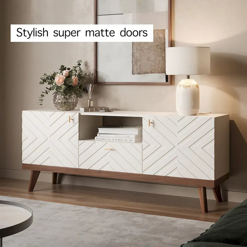 Living Skog Alba Beige TV Stand Console with Drawer Fits TV's up to 65 in. with Wood Legs Mid Century Modern Design