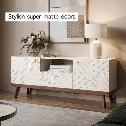 Mid-Century Modern TV Stand Console with Drawer, Beige, Fits TVs up to 65 in, Wood Legs