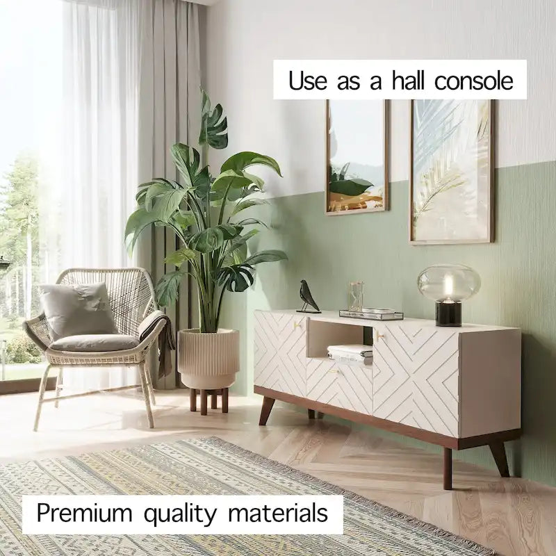 Living Skog Alba Beige TV Stand Console with Drawer Fits TV's up to 65 in. with Wood Legs Mid Century Modern Design