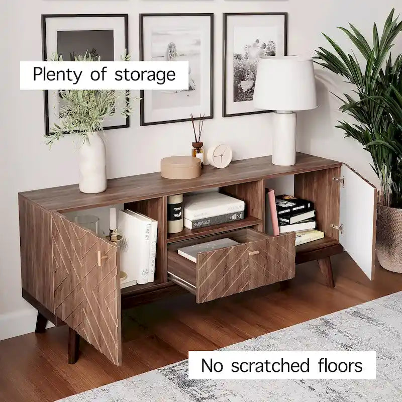 Mid-Century Modern TV Stand Console with Drawer, Beige, Fits TVs up to 65 in, Wood Legs