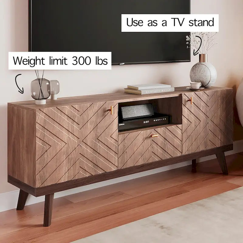 Mid-Century Modern TV Stand Console with Drawer, Beige, Fits TVs up to 65 in, Wood Legs