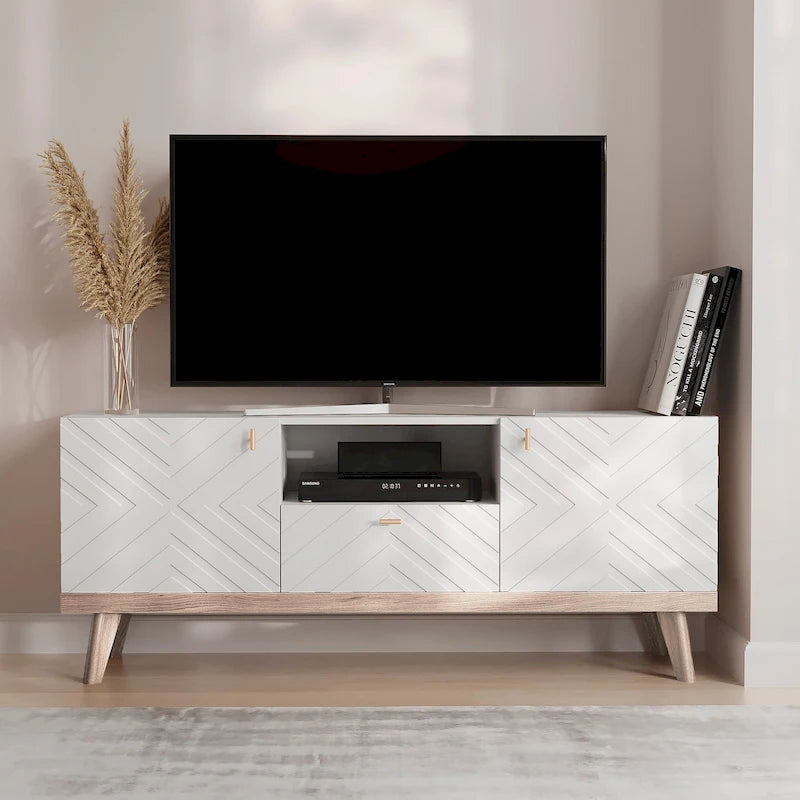 Mid-Century Modern TV Stand Console with Drawer, Beige, Fits TVs up to 65 in, Wood Legs