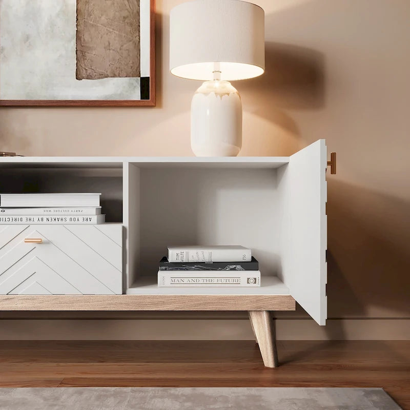 Living Skog Alba Beige TV Stand Console with Drawer Fits TV's up to 65 in. with Wood Legs Mid Century Modern Design