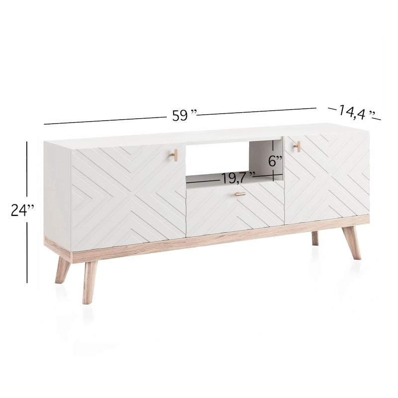 Mid-Century Modern TV Stand Console with Drawer, Beige, Fits TVs up to 65 in, Wood Legs